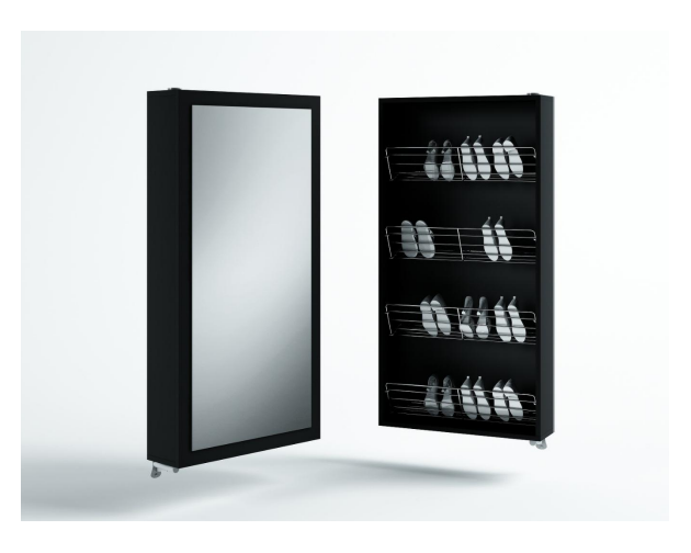 Czarna szafka obrotowa wisząca z lustrem, 4 półki na buty